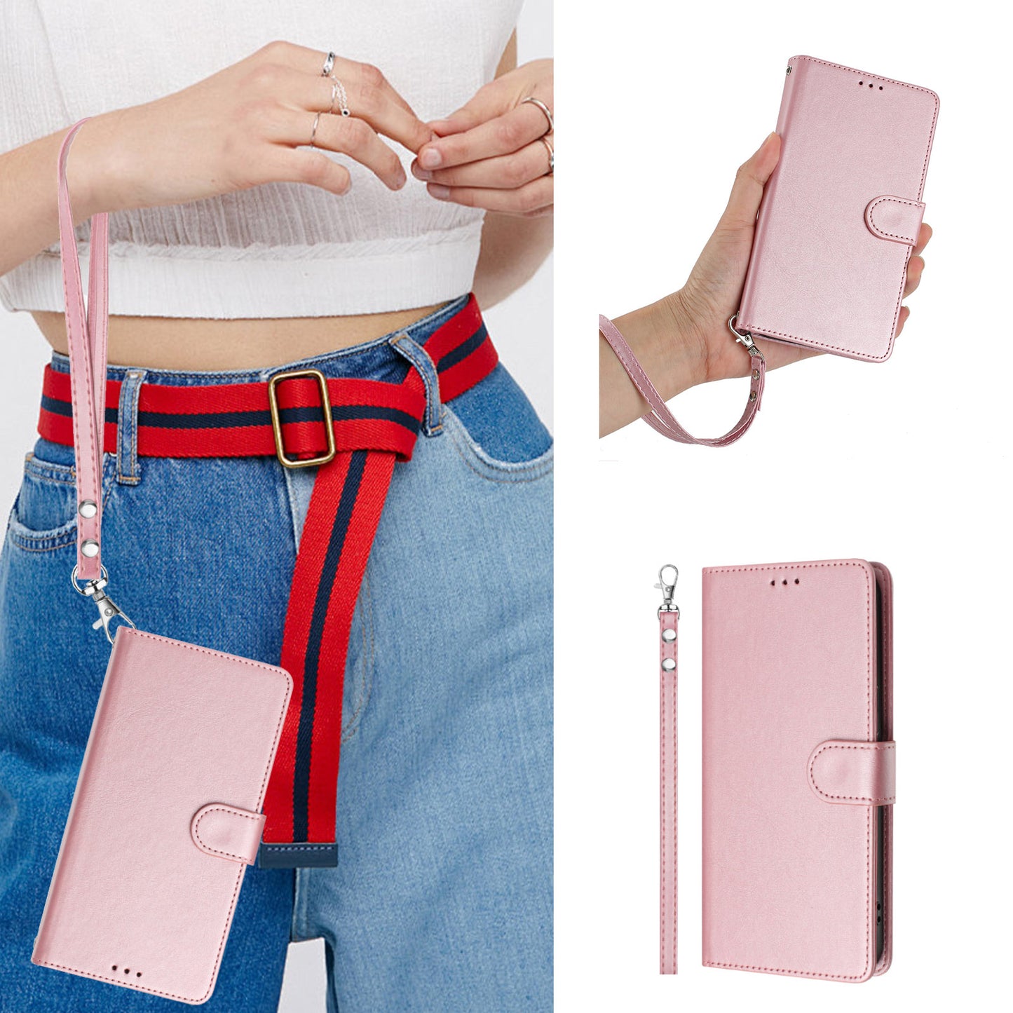 For Samsung Galaxy A16 5G / A16 4G Case RFID Blocking Wallet Leather Phone Cover with Strap - Rose Gold
