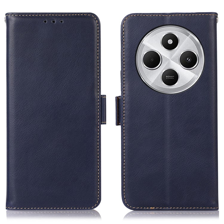 For Xiaomi Poco C75 4G / Redmi 14R 5G / 14C 4G Case RFID Blocking Genuine Cow Leather Wallet Phone Cover - Blue