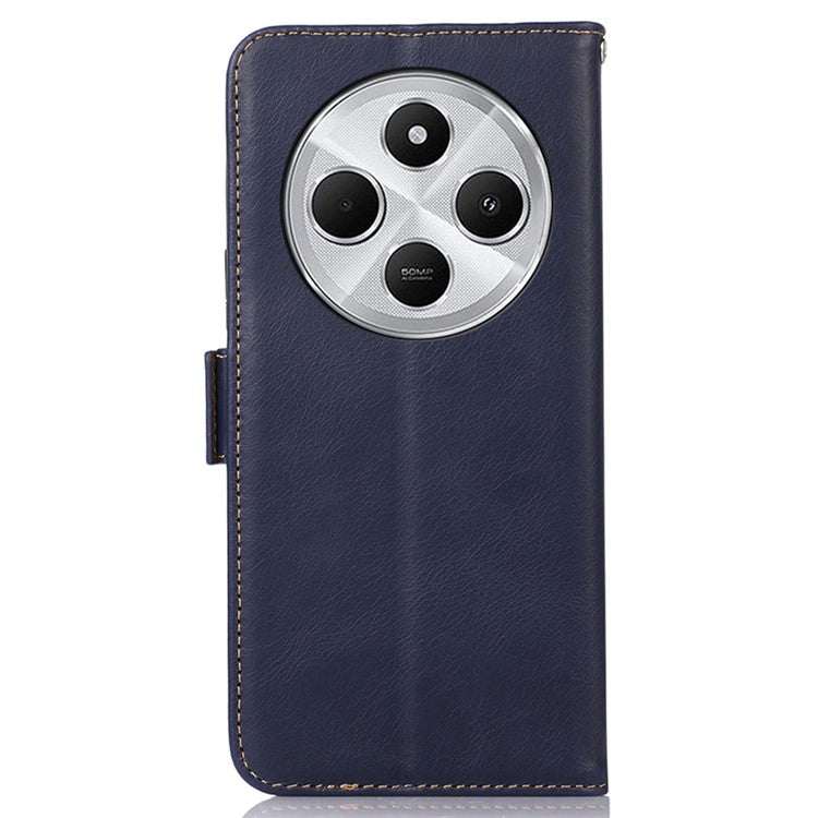 For Xiaomi Poco C75 4G / Redmi 14R 5G / 14C 4G Case RFID Blocking Genuine Cow Leather Wallet Phone Cover - Blue
