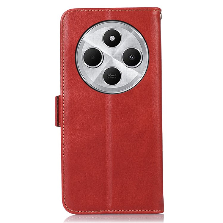 For Xiaomi Poco C75 4G / Redmi 14R 5G / 14C 4G Case RFID Blocking Genuine Cow Leather Wallet Phone Cover - Red