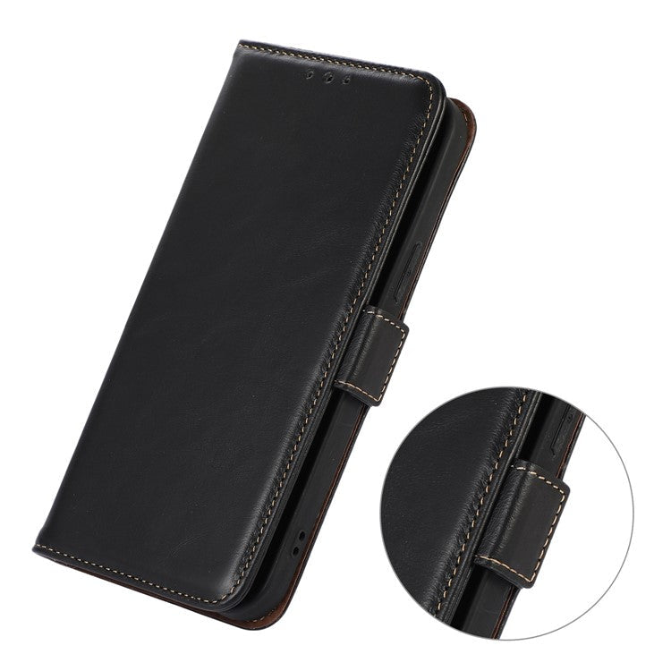 For Xiaomi Poco C75 4G / Redmi 14R 5G / 14C 4G Case RFID Blocking Genuine Cow Leather Wallet Phone Cover - Black