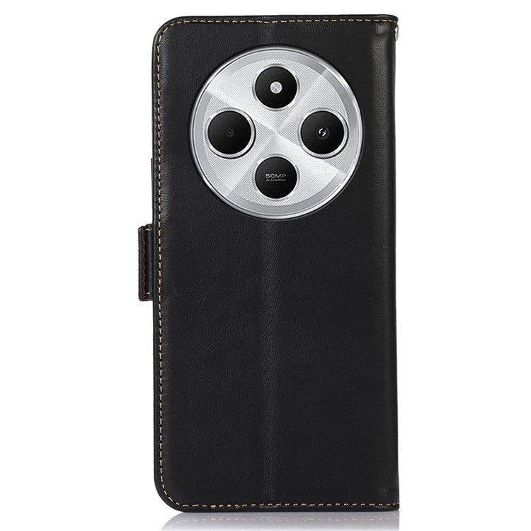 For Xiaomi Poco C75 4G / Redmi 14R 5G / 14C 4G Case RFID Blocking Genuine Cow Leather Wallet Phone Cover - Black