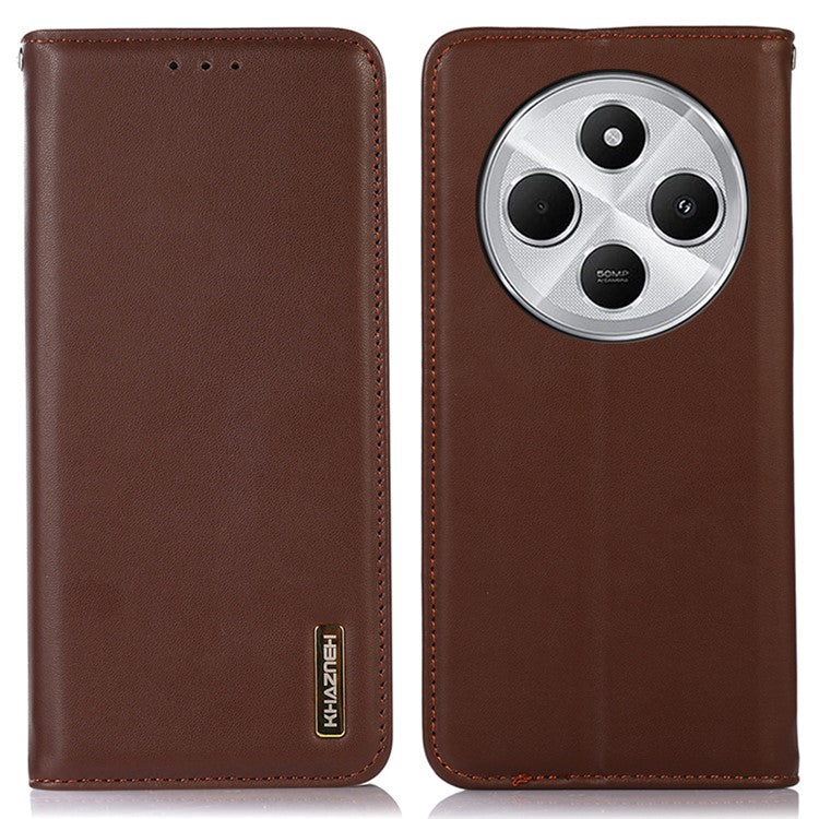 KHAZNEH For Xiaomi Poco C75 4G / Redmi 14R 5G / 14C 4G Case Genuine Cow Leather Wallet Phone Cover Nappa Texture - Brown