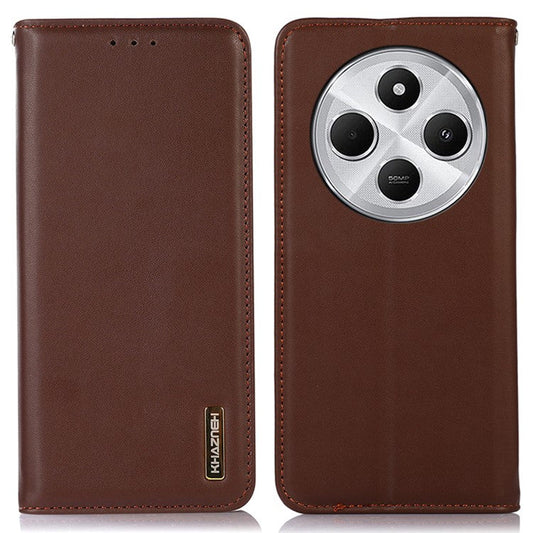 KHAZNEH For Xiaomi Poco C75 4G / Redmi 14R 5G / 14C 4G Case Genuine Cow Leather Wallet Phone Cover Nappa Texture - Brown