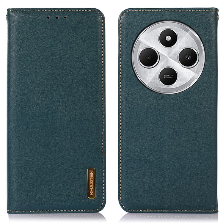KHAZNEH For Xiaomi Poco C75 4G / Redmi 14R 5G / 14C 4G Case Genuine Cow Leather Wallet Phone Cover Nappa Texture - Green