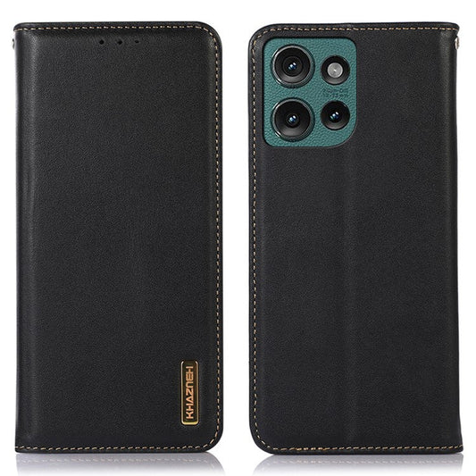 KHAZNEH For Motorola Edge 50 Neo 5G / Moto S50 5G / Thinkphone 25 5G Case Genuine Cow Leather Wallet Phone Cover Nappa Texture - Black