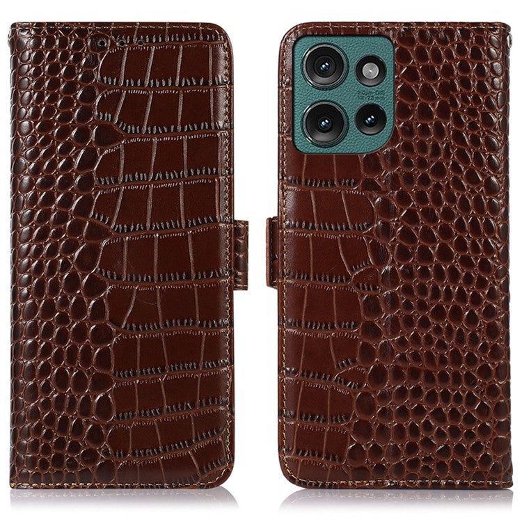 For Motorola Edge 50 Neo 5G / Moto S50 5G / Thinkphone 25 5G Case Crocodile Texture Genuine Cow Leather Phone Wallet Cover - Brown