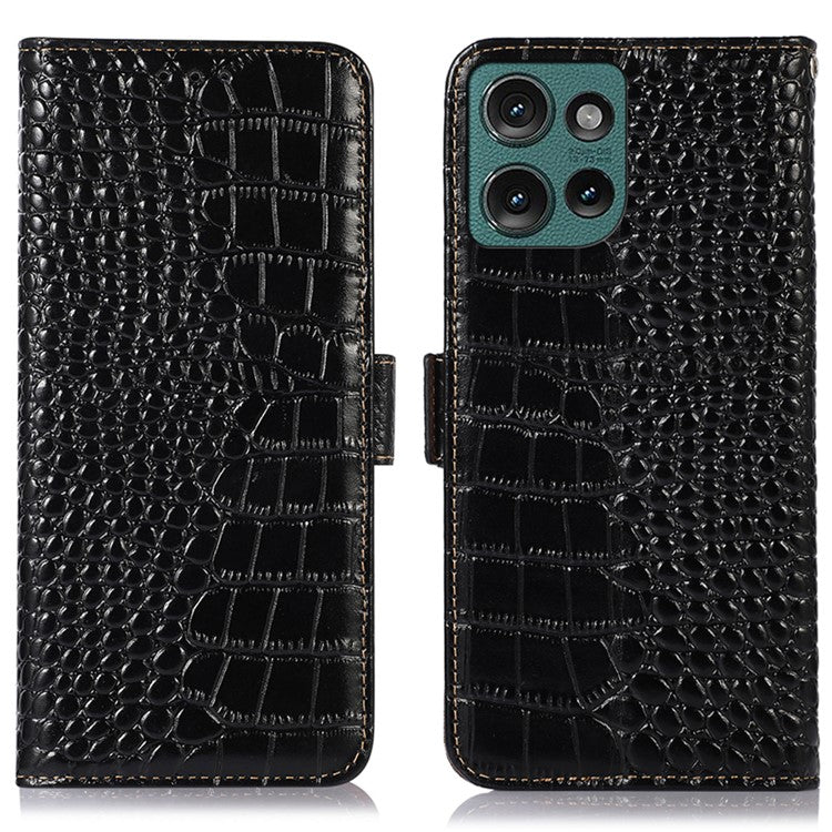 For Motorola Edge 50 Neo 5G / Moto S50 5G / Thinkphone 25 5G Case Crocodile Texture Genuine Cow Leather Phone Wallet Cover - Black