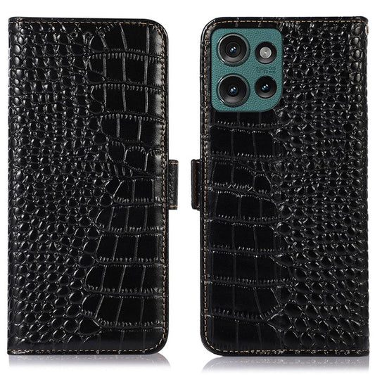 For Motorola Edge 50 Neo 5G / Moto S50 5G / Thinkphone 25 5G Case Crocodile Texture Genuine Cow Leather Phone Wallet Cover - Black