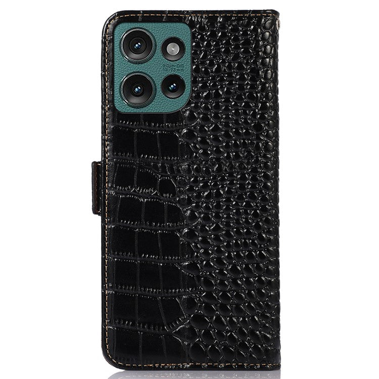 For Motorola Edge 50 Neo 5G / Moto S50 5G / Thinkphone 25 5G Case Crocodile Texture Genuine Cow Leather Phone Wallet Cover - Black