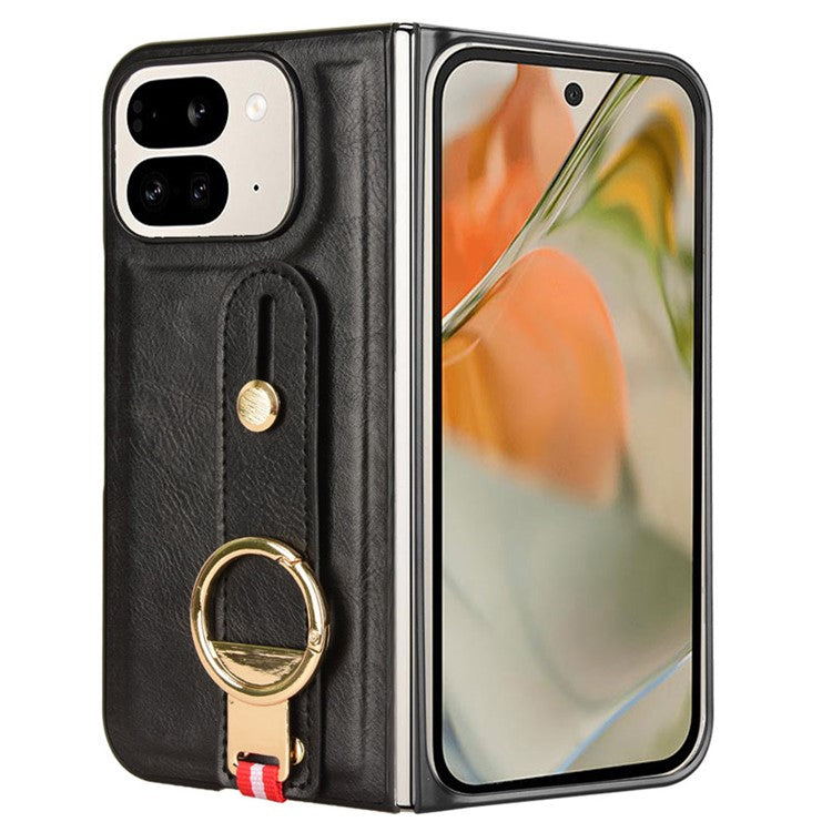 For Google Pixel 9 Pro Fold 5G Case Leather+PC+TPU Wristband Cover with Bottle Opener Ring - Black