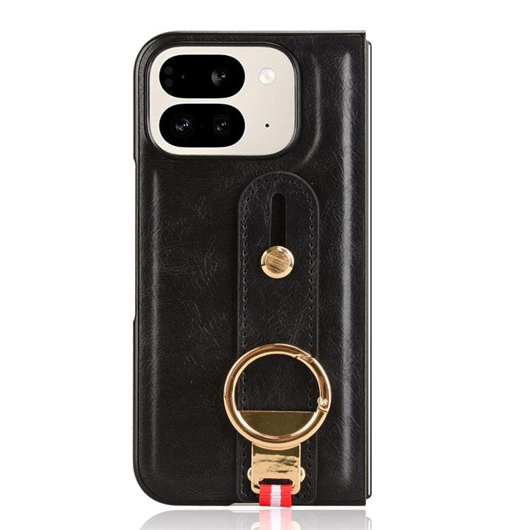 For Google Pixel 9 Pro Fold 5G Case Leather+PC+TPU Wristband Cover with Bottle Opener Ring - Black