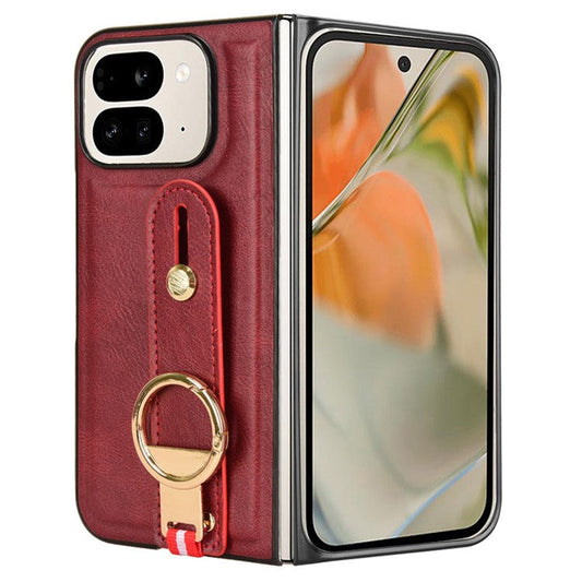 For Google Pixel 9 Pro Fold 5G Case Leather+PC+TPU Wristband Cover with Bottle Opener Ring - Red