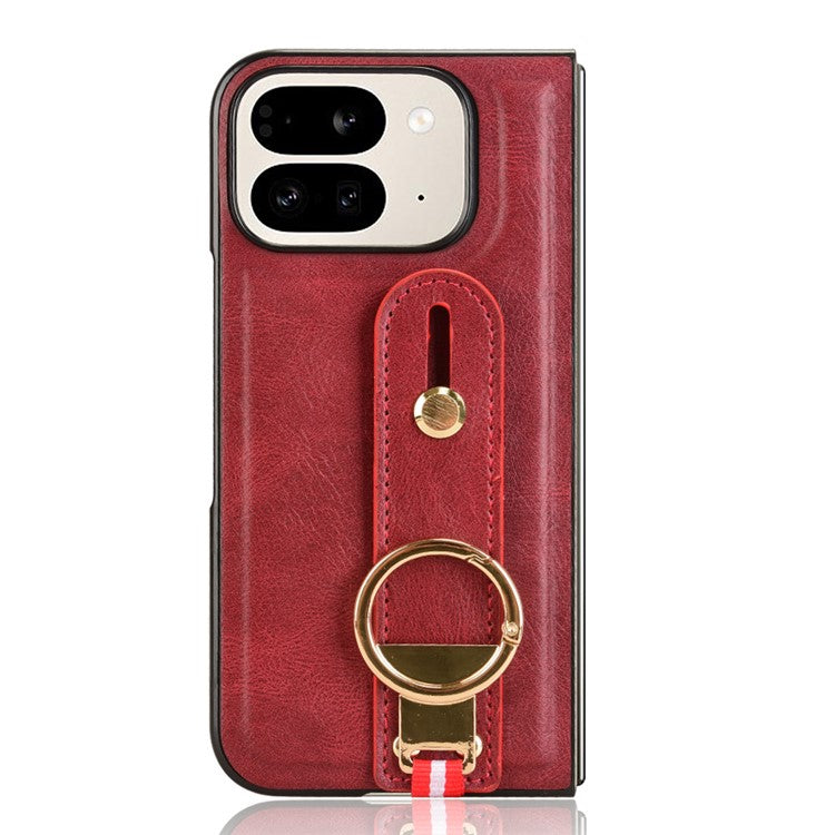 For Google Pixel 9 Pro Fold 5G Case Leather+PC+TPU Wristband Cover with Bottle Opener Ring - Red