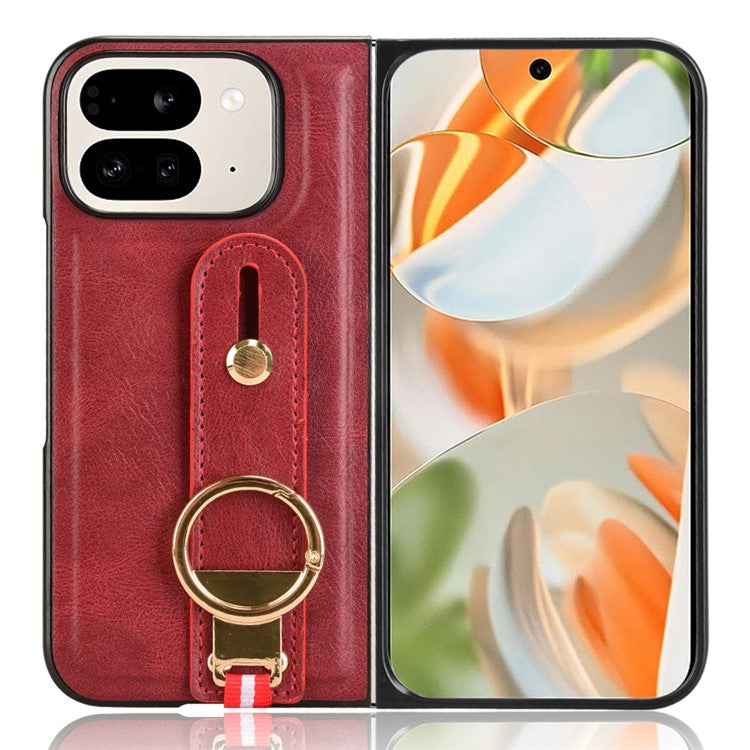 For Google Pixel 9 Pro Fold 5G Case Leather+PC+TPU Wristband Cover with Bottle Opener Ring - Red