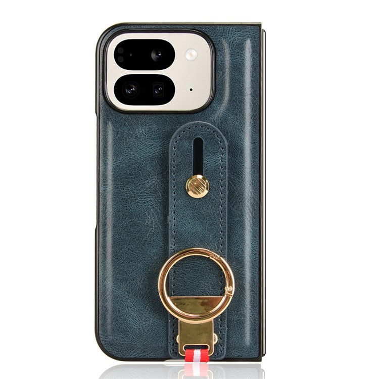 For Google Pixel 9 Pro Fold 5G Case Leather+PC+TPU Wristband Cover with Bottle Opener Ring - Blue