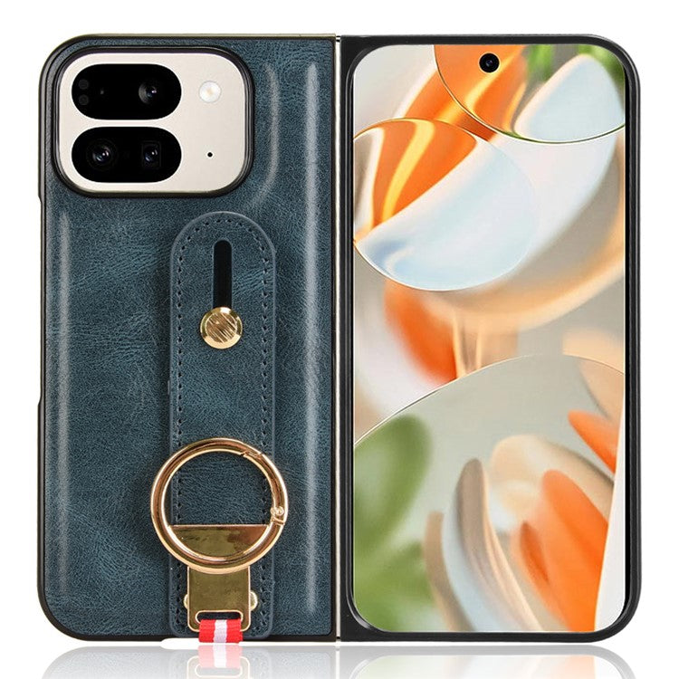 For Google Pixel 9 Pro Fold 5G Case Leather+PC+TPU Wristband Cover with Bottle Opener Ring - Blue