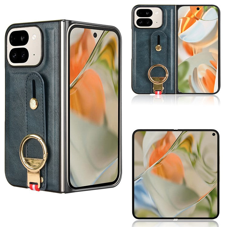 For Google Pixel 9 Pro Fold 5G Case Leather+PC+TPU Wristband Cover with Bottle Opener Ring - Blue