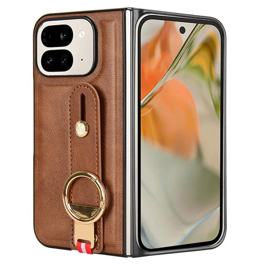 For Google Pixel 9 Pro Fold 5G Case Leather+PC+TPU Wristband Cover with Bottle Opener Ring - Brown