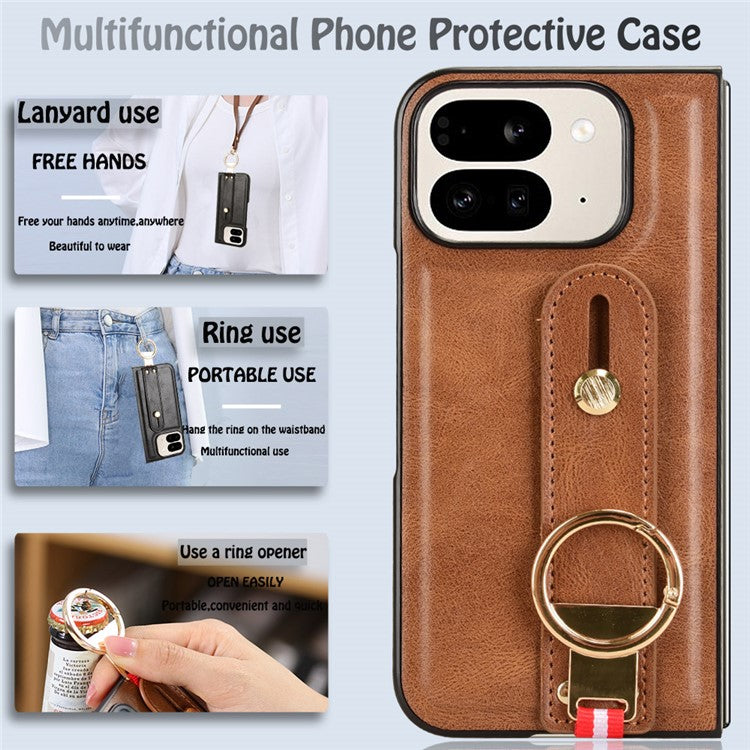 For Google Pixel 9 Pro Fold 5G Case Leather+PC+TPU Wristband Cover with Bottle Opener Ring - Brown