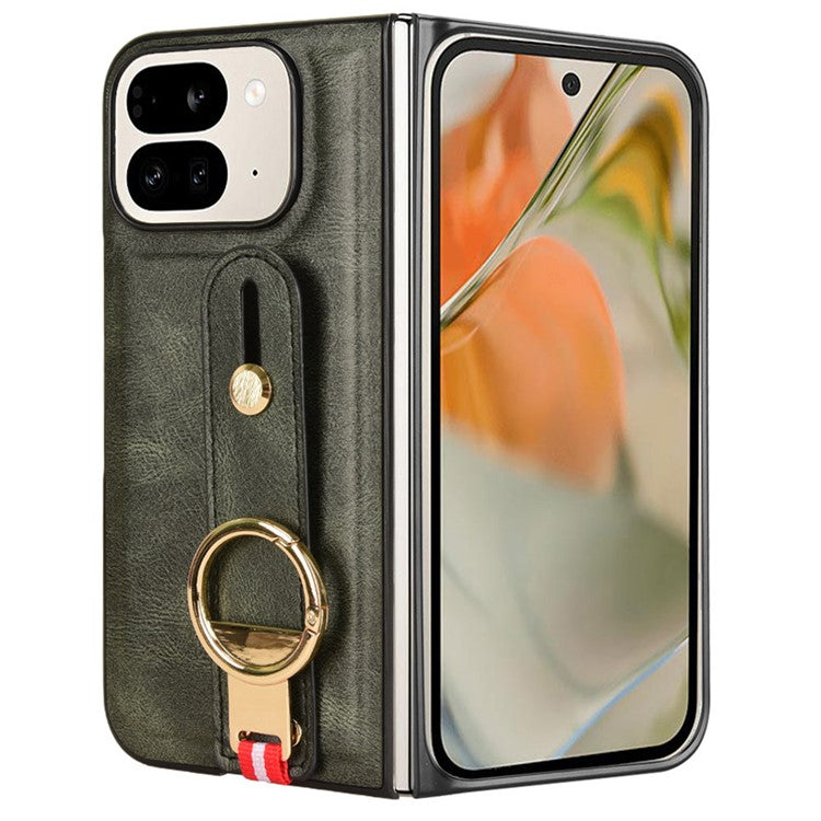 For Google Pixel 9 Pro Fold 5G Case Leather+PC+TPU Wristband Cover with Bottle Opener Ring - Green