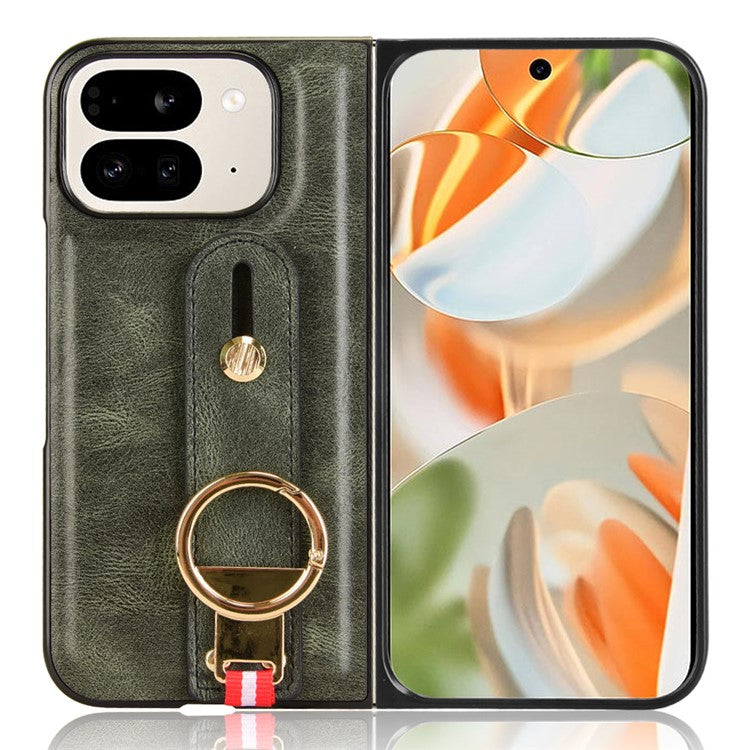For Google Pixel 9 Pro Fold 5G Case Leather+PC+TPU Wristband Cover with Bottle Opener Ring - Green