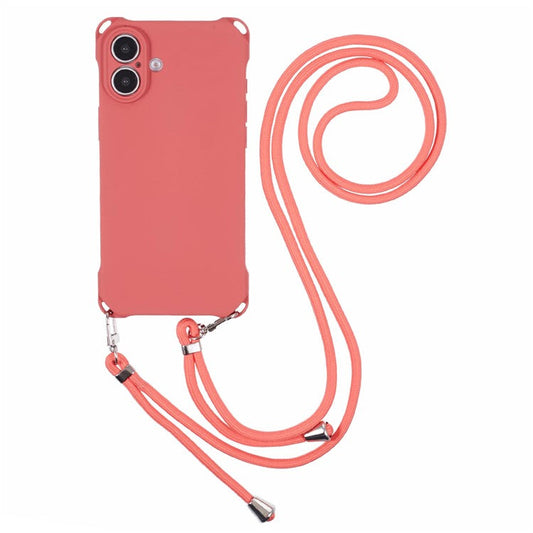 For iPhone 16 Case Four Corner Anti Drop TPU Phone Cover with Hanging Rope - Red