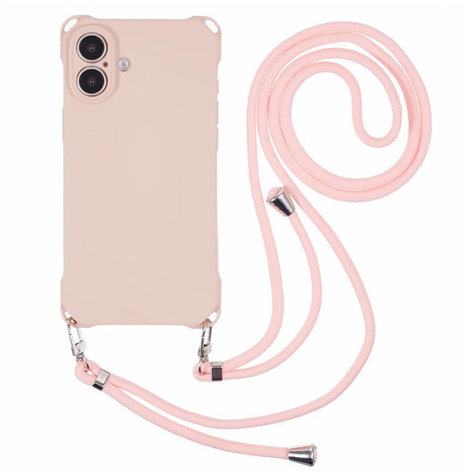 For iPhone 16 Case Four Corner Anti Drop TPU Phone Cover with Hanging Rope - Pink