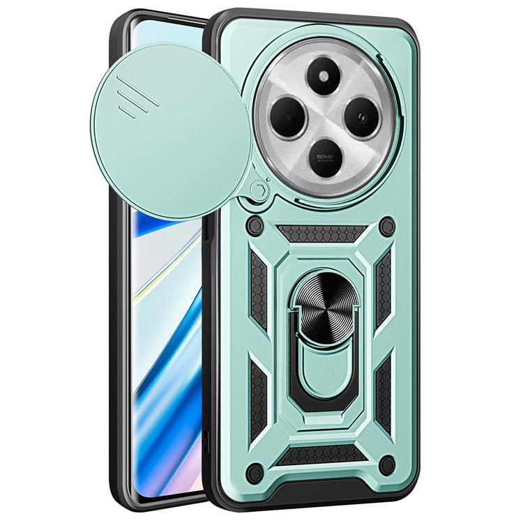 For Xiaomi Poco C75 4G / Redmi 14R 5G / 14C 4G Case with Slide Camera Lid PC+TPU Kickstand Phone Cover - Green