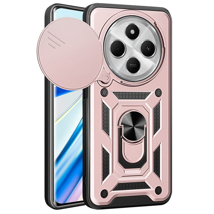 For Xiaomi Poco C75 4G / Redmi 14R 5G / 14C 4G Case with Slide Camera Lid PC+TPU Kickstand Phone Cover - Rose Gold