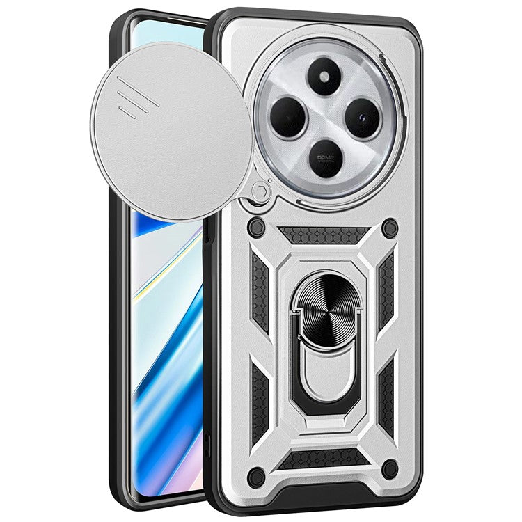 For Xiaomi Poco C75 4G / Redmi 14R 5G / 14C 4G Case with Slide Camera Lid PC+TPU Kickstand Phone Cover - Silver