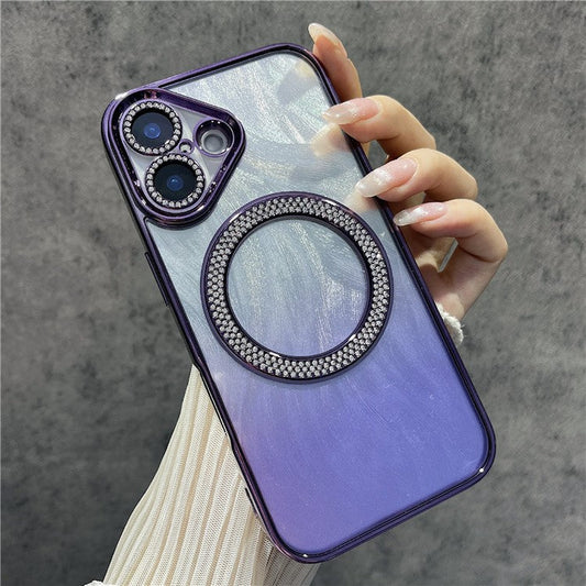 For iPhone 16 Magnetic Case Feather Texture Bling Sparkly TPU + PC Phone Cover - Dark Purple