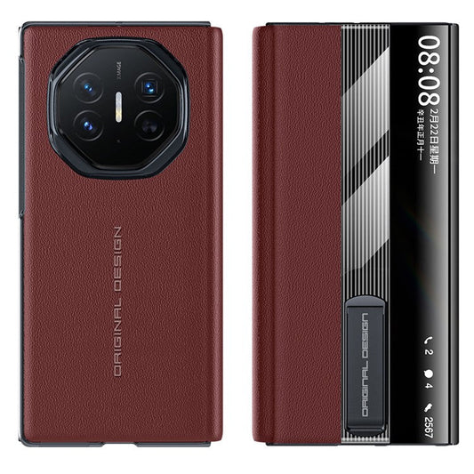 For Huawei Mate XT Ultimate Case Kickstand View Window Genuine Cow Leather+PC Phone Cover - Red
