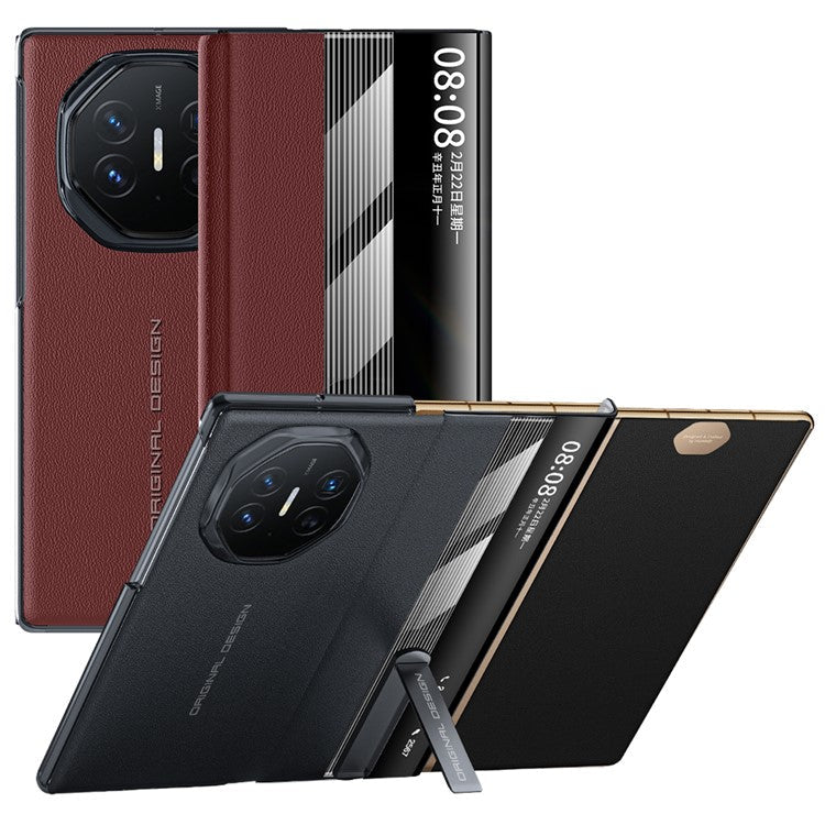 For Huawei Mate XT Ultimate Case Kickstand View Window Genuine Cow Leather+PC Phone Cover - Red