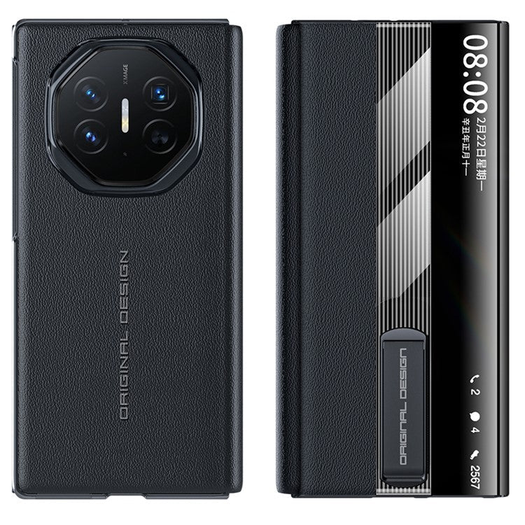 For Huawei Mate XT Ultimate Case Kickstand View Window Genuine Cow Leather+PC Phone Cover - Black