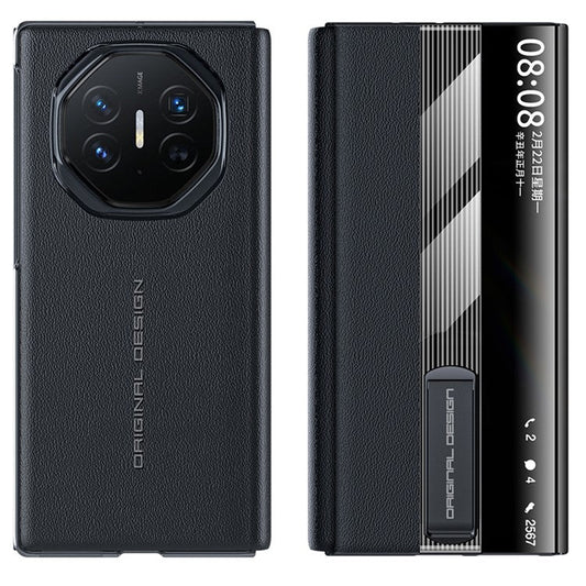 For Huawei Mate XT Ultimate Case Kickstand View Window Genuine Cow Leather+PC Phone Cover - Black