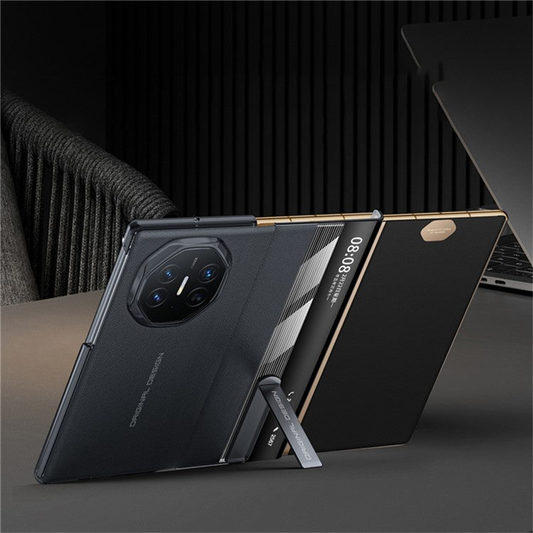 For Huawei Mate XT Ultimate Case Kickstand View Window Genuine Cow Leather+PC Phone Cover - Black