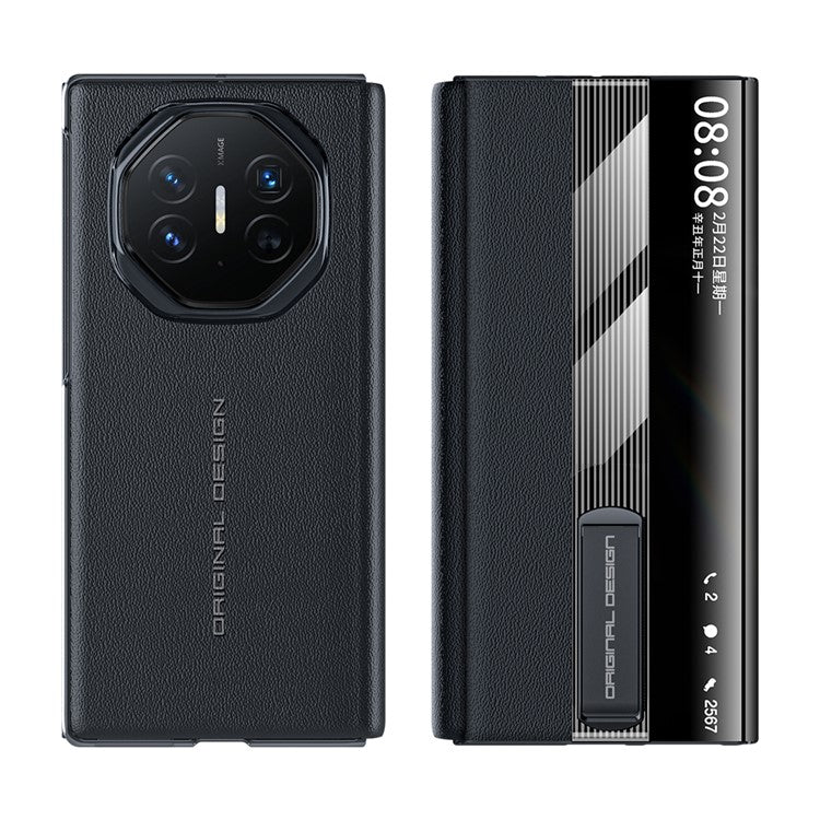 For Huawei Mate XT Ultimate Case Kickstand View Window Genuine Cow Leather+PC Phone Cover - Black