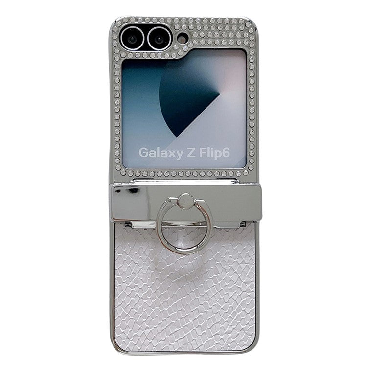 For Samsung Galaxy Z Flip6 5G Case Fish Scale Texture Ring Holder PC Rhinestone Phone Cover - White
