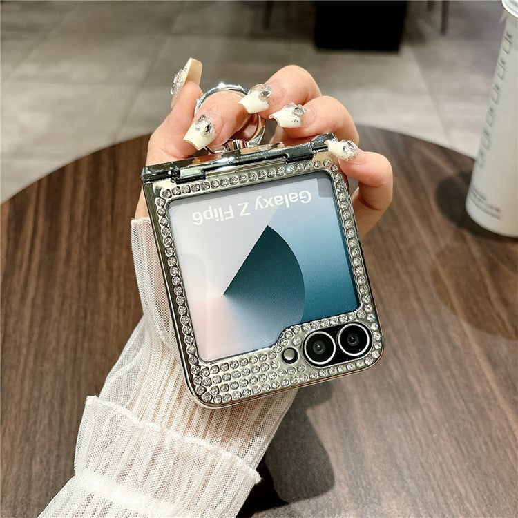 For Samsung Galaxy Z Flip6 5G Case Fish Scale Texture Ring Holder PC Rhinestone Phone Cover - White