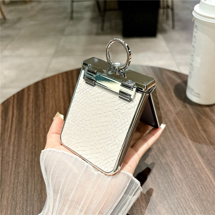 For Samsung Galaxy Z Flip6 5G Case Fish Scale Texture Ring Holder PC Rhinestone Phone Cover - White