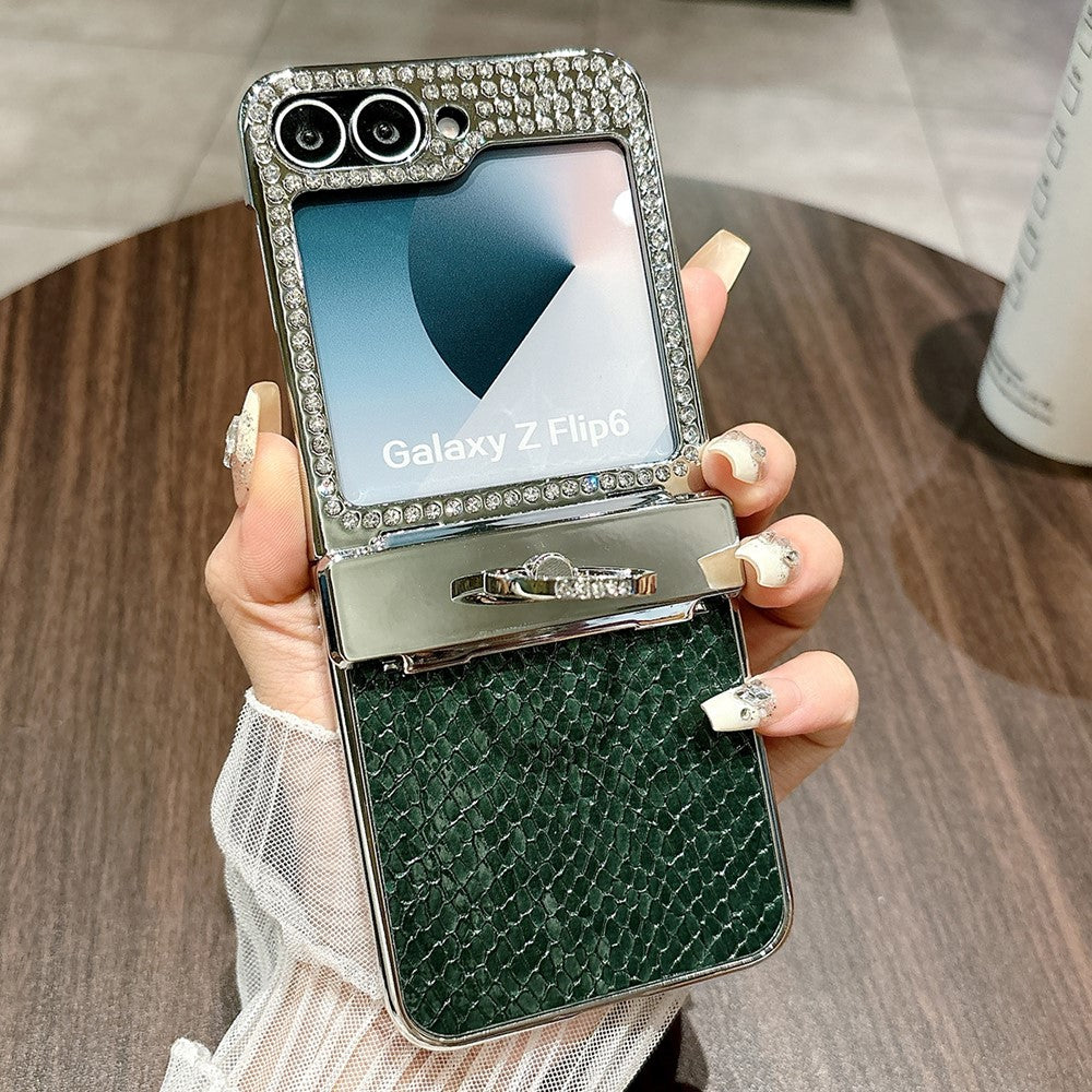 For Samsung Galaxy Z Flip7 FE 5G / Z Flip6 5G Case Fish Scale Texture Ring Holder PC Rhinestone Phone Cover - Green
