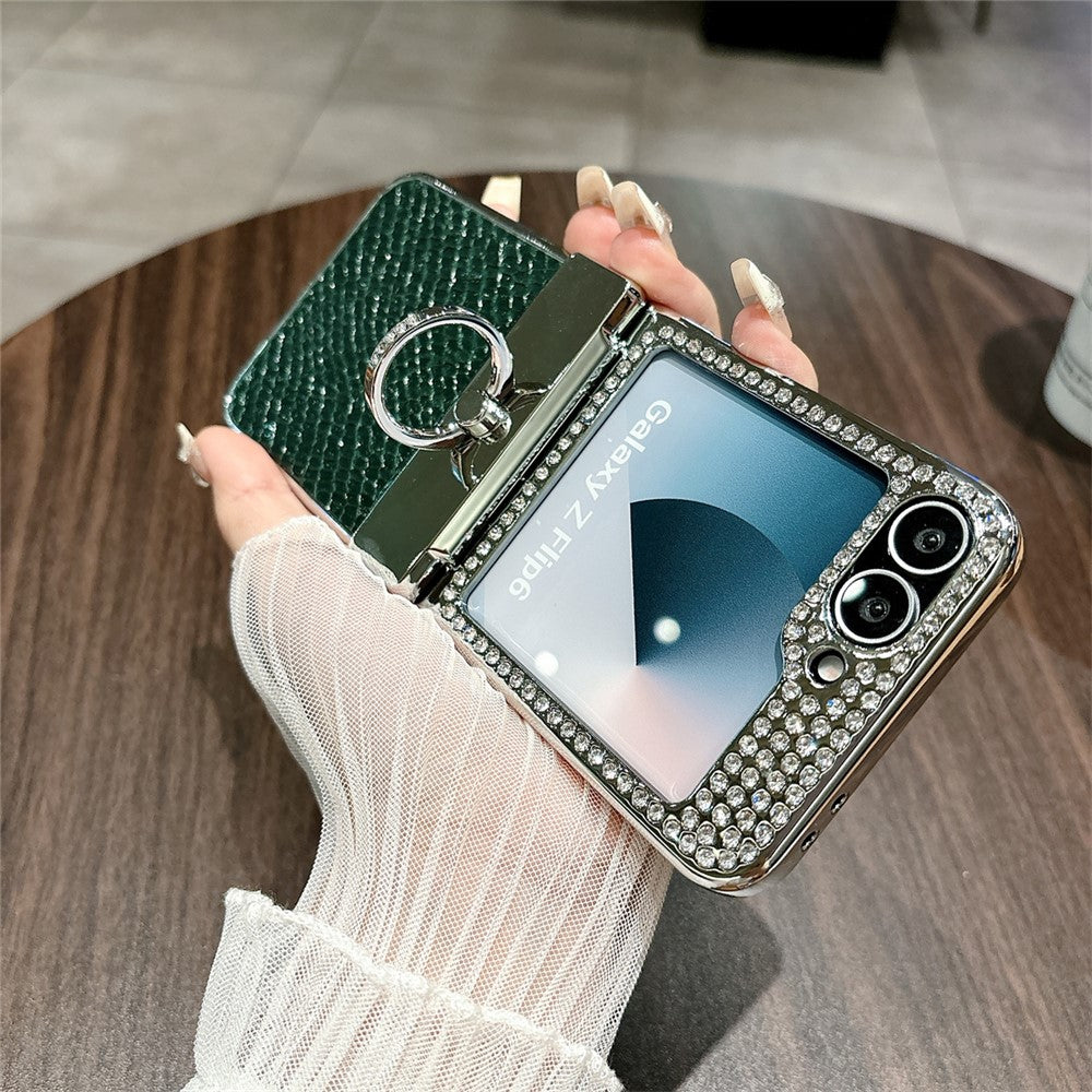 For Samsung Galaxy Z Flip7 FE 5G / Z Flip6 5G Case Fish Scale Texture Ring Holder PC Rhinestone Phone Cover - Green
