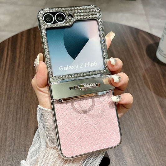 For Samsung Galaxy Z Flip7 FE 5G / Z Flip6 5G Case Fish Scale Texture Ring Holder PC Rhinestone Phone Cover - Pink