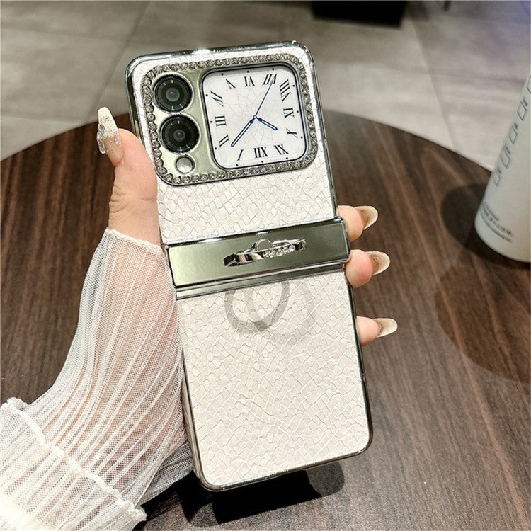 For Huawei nova Flip 5G Case Fish Scale Texture Ring Holder PC Rhinestone Phone Cover - White
