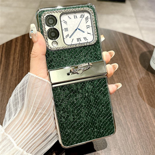 For Huawei nova Flip 5G Case Fish Scale Texture Ring Holder PC Rhinestone Phone Cover - Green