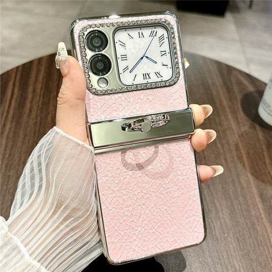 For Huawei nova Flip 5G Case Fish Scale Texture Ring Holder PC Rhinestone Phone Cover - Pink