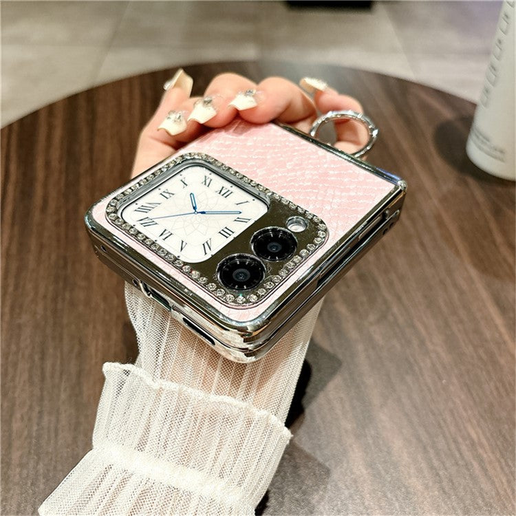 For Huawei nova Flip 5G Case Fish Scale Texture Ring Holder PC Rhinestone Phone Cover - Pink