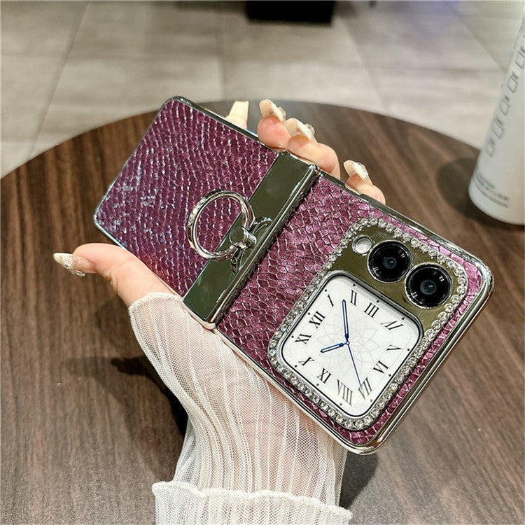 For Huawei nova Flip 5G Case Fish Scale Texture Ring Holder PC Rhinestone Phone Cover - Purple