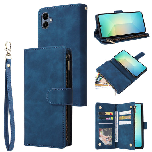 For Samsung Galaxy A06 Case Zipper Wallet Multiple Card Slots Leather Phone Cover - Blue